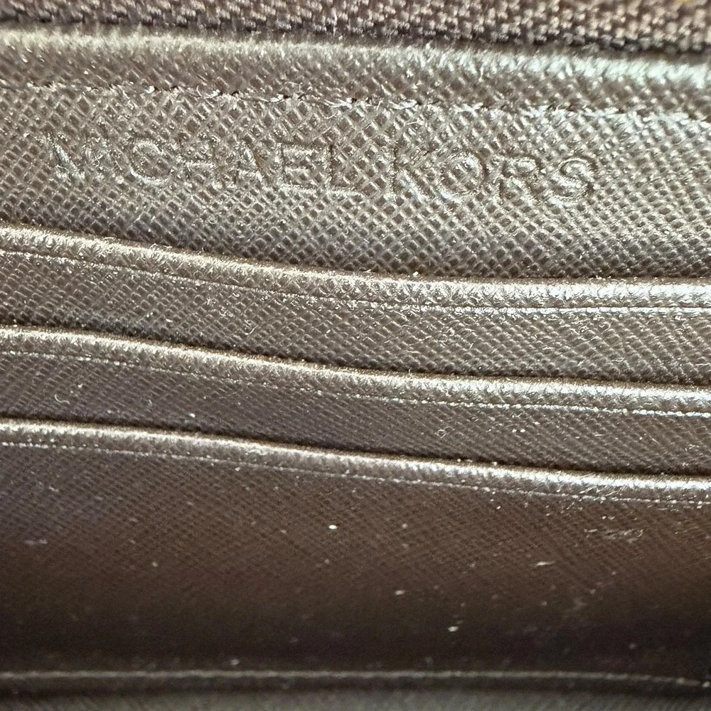 Michael Kors Brown MK Logo Medium Zip Around Wallet Gold Tone Plaque